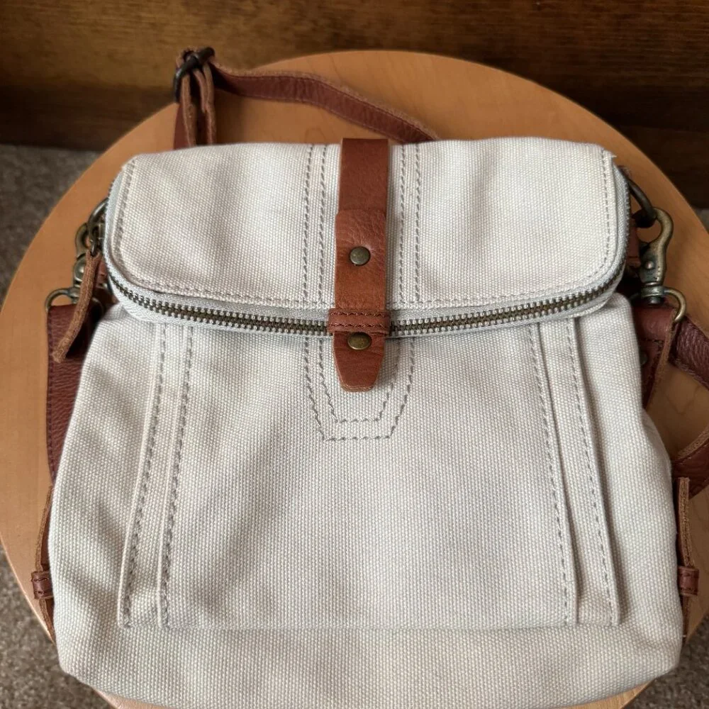 J. Jill Natural White Canvas w/Brown Leather Trim Crossbody Bag - Picture 5 of 15